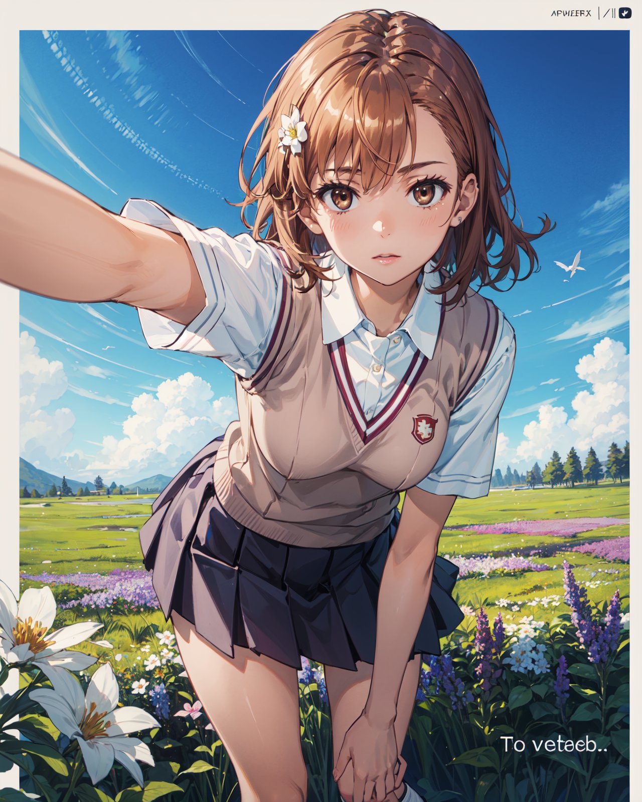 <lora:Misaka-000001:0.8>,Misaka CYQL,1girl,looking at viewer,solo,brown hair,short hair,hair ornament,hairclip,flower,hair flower,brown eyes,school uniform,sweater vest,brown sweater vest,summer uniform,shirt,white shirt,short sleeves,school emblem,skirt,pleated skirt,grey skirt,socks,(sad:1.2),beautiful face,beautiful eyes,glossy skin,shiny skin,(portrait,foreshortening,bent over:1.2),open hand,Meadow flowers, Butterflies, Wildflower carpet, Springtime blooms, English landscape, Meadow breeze,beautiful detailed sky,beautiful detailed glow,(English text:1.3),(border:1.5),posing in front of a colorful and dynamic background,(masterpiece, best quality, beautiful and aesthetic:1.3),contrapposto,female focus,fine fabric emphasis,wallpaper,fashion,Lipstick,depth of field,intricate_detail,finely_detailed,fine_fabric_emphasis,(glossy),<lora:增强减少细节add_detail:0.4>,