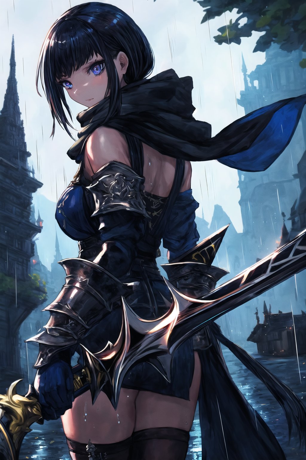 (Masterpiece, Best Quality:1.3),top quality, insaneres, (8k resolution), (centered), digital illustration, saba_styl3, 1girl, solo, simple background, glaring, sreaming, black hair, short hair with long sidelocks, thighhighs, gloves, shiny, dark theme, night, starry sky, fantasy town, extremely detailed background, looking back, detailed eyes, detailed hair, (deep depth of field:1.3), (fantasy:1.3), baroque, slender, gorgeous, (bloom), sidelighting, dreamy, floating particles, dappled sunlight, scarf, holding weapon, armor, cowboy shot, rain, partially wet, holding sword, gauntlets,atmospheric, one eye covered, scales, au ra, greatsword, avatar (ff14)<lora:EMS-348304-EMS:1.300000>, <lora:EMS-79-EMS:0.200000>, <lora:EMS-93-EMS:0.400000>