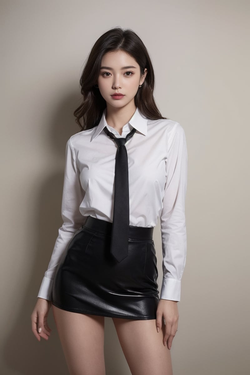 (masterpiece, best quality, photorealistic:1.2), 1girl, solo, portrait, collared shirt, black necktie, black skirt, pencil skirt,