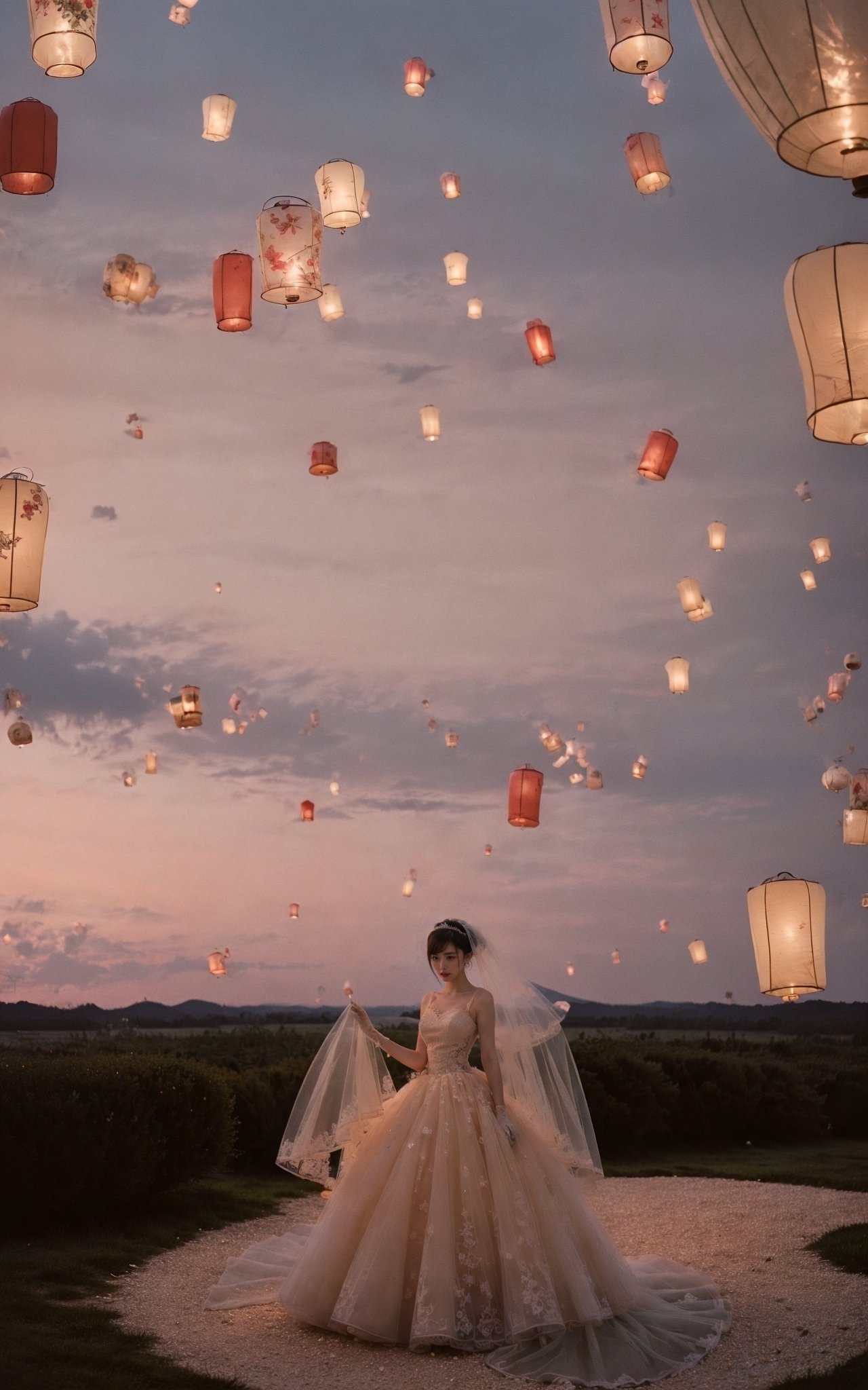 sky lantern，masterpiece, best quality, 32k uhd, insane details, intricate details, hyperdetailed, hyper quality, high detail, ultra detailed, Masterpiece, (Real water，Realistic water，flowing water:1.1)，ripples，(red  sky:1.4),(Wedding dress, veil, gown gloves, gloves:1.4), necklace,earrings,bouquet，A whimsical sight of paper lanterns floating against the twilight sky, captured in a wide view by Tim Walker.    The lanterns cast a warm glow, creating a dreamlike tableau that melds tradition with beauty, i can't believe how beautiful this is, dream-like atmosphere，<lora:绪儿-孔明灯 sky lantern:0.8>