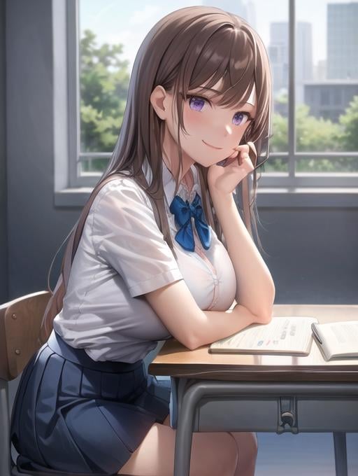 <lora:PovSideClass:0.7> PovSideClass, 1girl, solo, long hair, breasts, looking at viewer, blush, smile, bangs, skirt, large breasts, brown hair, shirt, bow, holding, sitting, closed mouth, school uniform, purple eyes, white shirt, short sleeves, thighs, pleated skirt, collared shirt, indoors, bowtie, from side, blue skirt, see-through, looking to the side, book, window, feet out of frame, blue bow, chair, desk, blue bowtie, pen, shirt tucked in, classroom, school desk, pencil, breast rest, on chair, notebook, school chair, holding pen