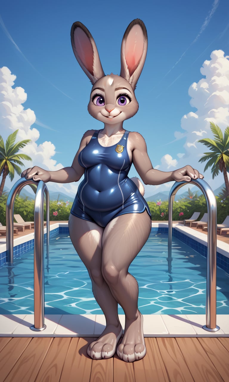 score_9, score_8_up, score_7_up, score_6_up, score_5_up, score_4_up, source_furry,BREAK,detailed face eyes and fur, bunny, judy hopps, fur, anthro, detailed, anthropomorphic, furry, long large bunny ears, booty shorts, smiling, fur covered body, Body: slightly-chubby, (breasts)1.1, View: (full length view, facing viewer)1.3, fully in view, cute, solo, legs in view, knees, fur covered body, detailed fur, one piece swimsuit, in pool water surrounded by a detailed scenic view