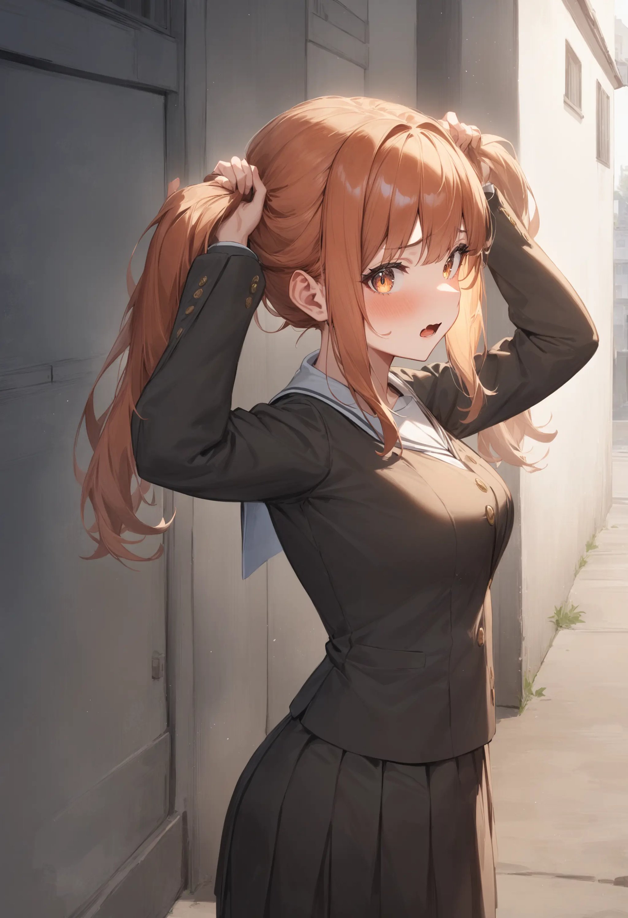 1girl, <lora:sdxl2-flat2-512b:-1>,medium breasts,school uniform,bunching hair,<lora:bunchinghair_XL_v1:0.8>from side, cowboy shot, looking to the side, scared, narrow dirty alleyway, open mouth,masterpiece, best quality, very aesthetic, absurdres