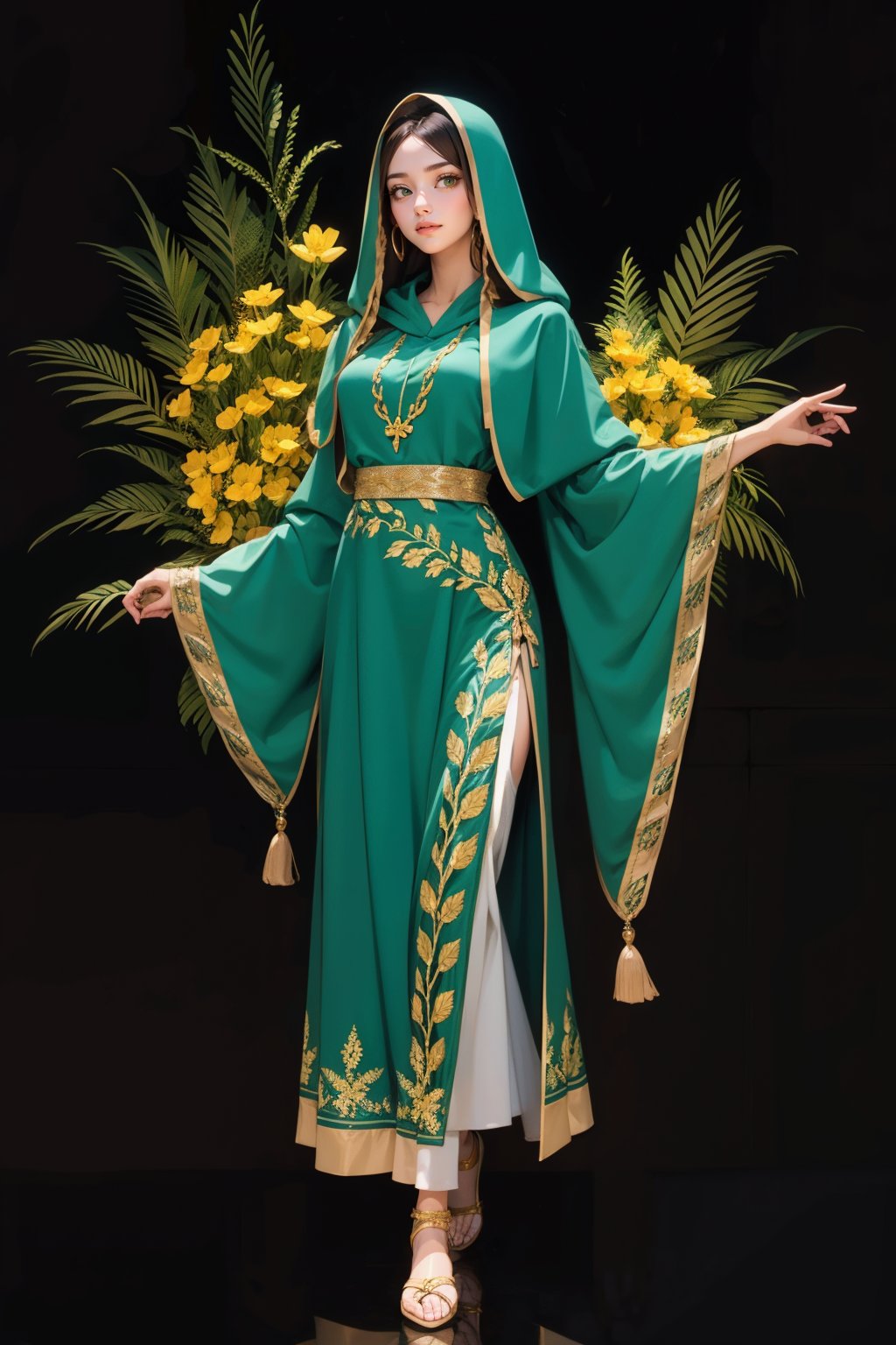 masterpiece, best quality, <lora:age_slider_v20:1>  <lora:detail_slider_v4:2> 1girl, BurqaDr3ss, long sleeves dress, full body, hood, wide sleeves, hood up, green dress, <lora:BurqaDr3ss:0.7> black background