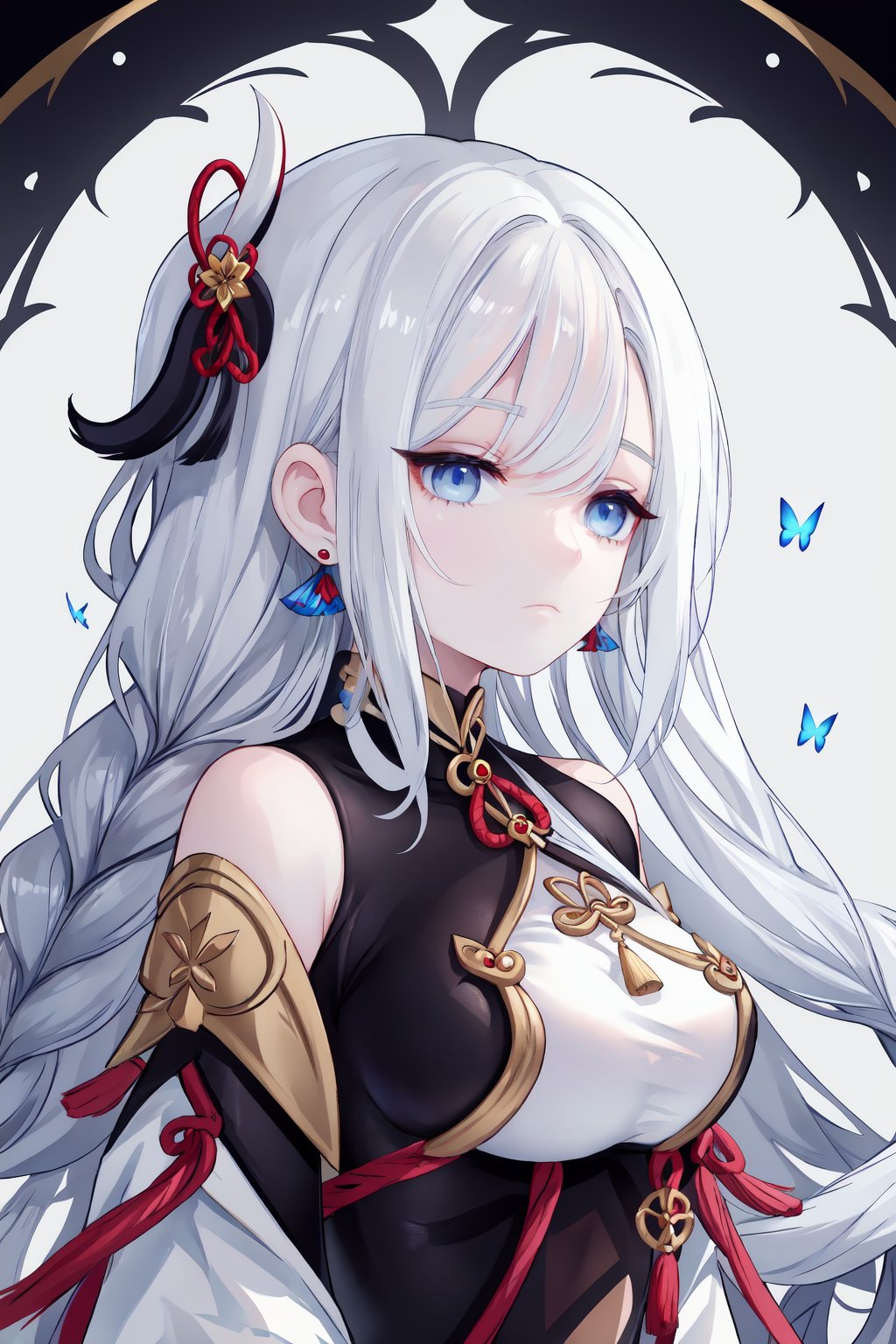 1girl,shenhe \(genshin impact\),solo,long hair,breast curtain,braid,breasts,blue eyes,looking at viewer,hair ornament,white hair,butterfly,flower,upper body,tassel,braided ponytail,bug,bodysuit,shoulder cutout,bangs,jewelry,large breasts,closed mouth,very long hair,earrings,cropped torso,gold trim,tassel earrings,clothing cutout,black bodysuit,from side,bare shoulders,expressionless,she style,ths97f,65setutyh4,ae45ngol4,