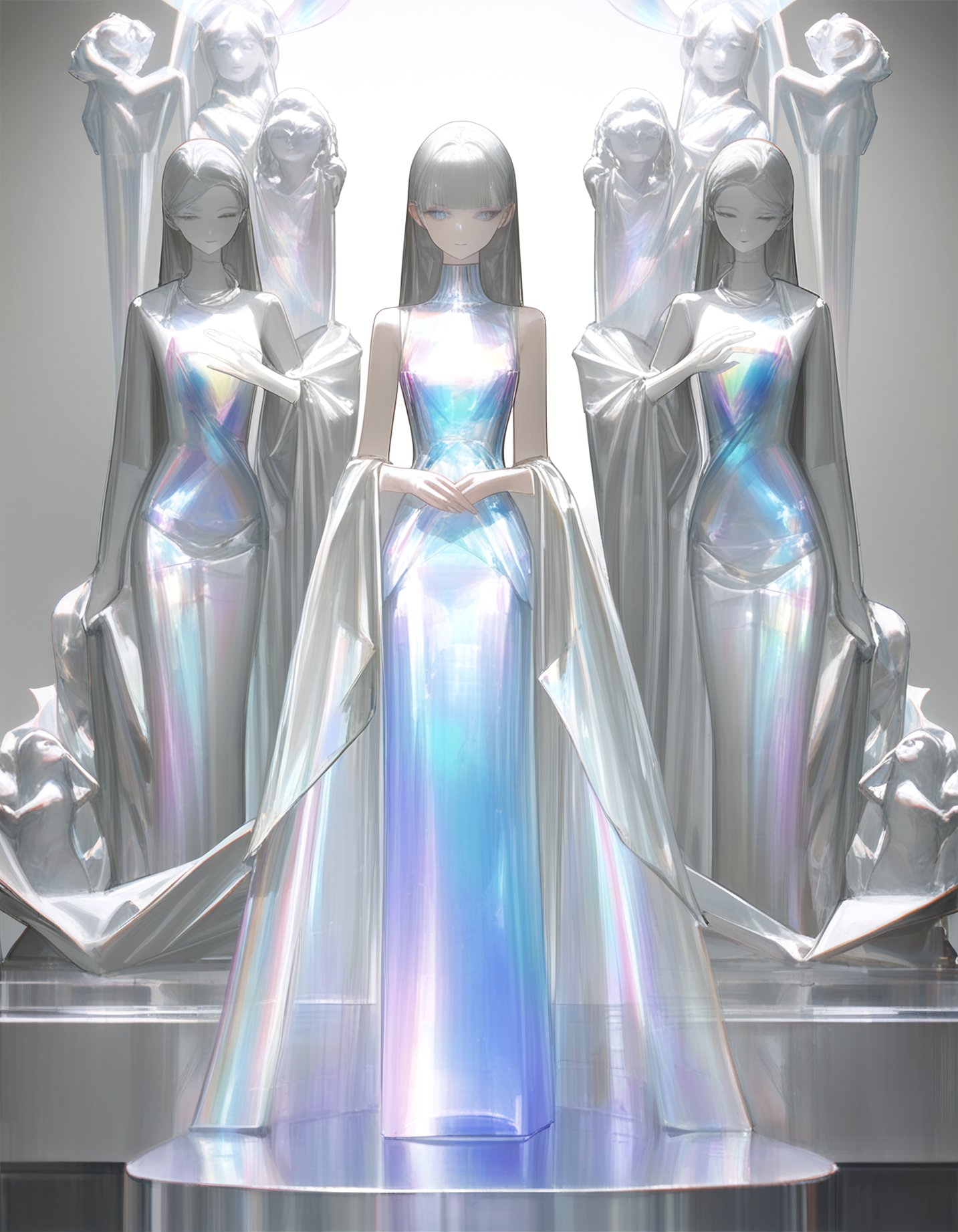 best quality, masterpiece, absurdres, fashion, by reoen, by rsef, by au \(d_elete\), (iridescent:1.3), grey background, statues,