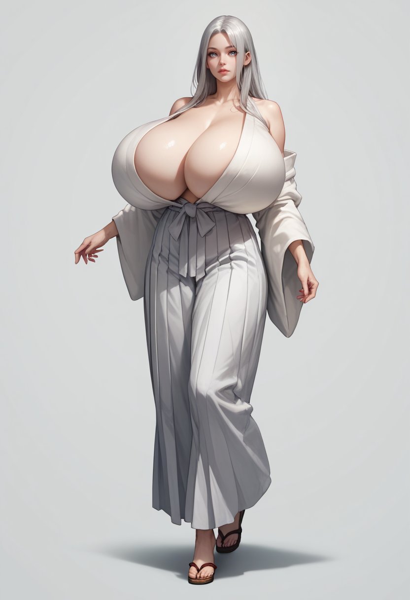 score_9, score_8_up, score_7_up, score_6_up, score_5_up, score_4_up, 1boy , gigantic breasts , pale skin, , lips, long hair hair, chestnut hair, silver eyes, wearinghakama short skirt , full body, simple background, 