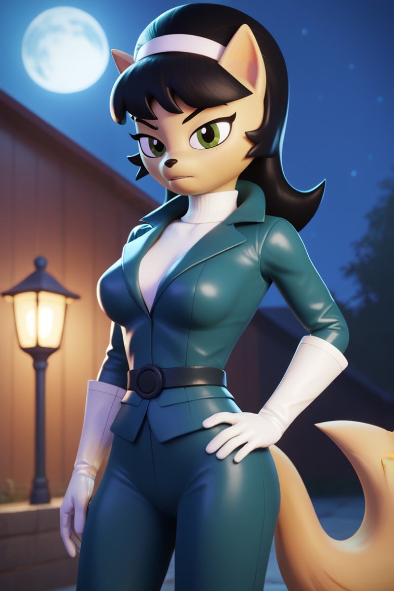 score_9, score_8_up, score_7_up, BREAK, 1girl, solo, breasts, <lora:kittykatswell-guy-PONYv1:1>, kittykatswell, furry, animal ears, hairband, white gloves, jacket, white shirt, turtleneck, pants, belt, bodysuit, night sky, outdoors, moon, hand on own hip, 