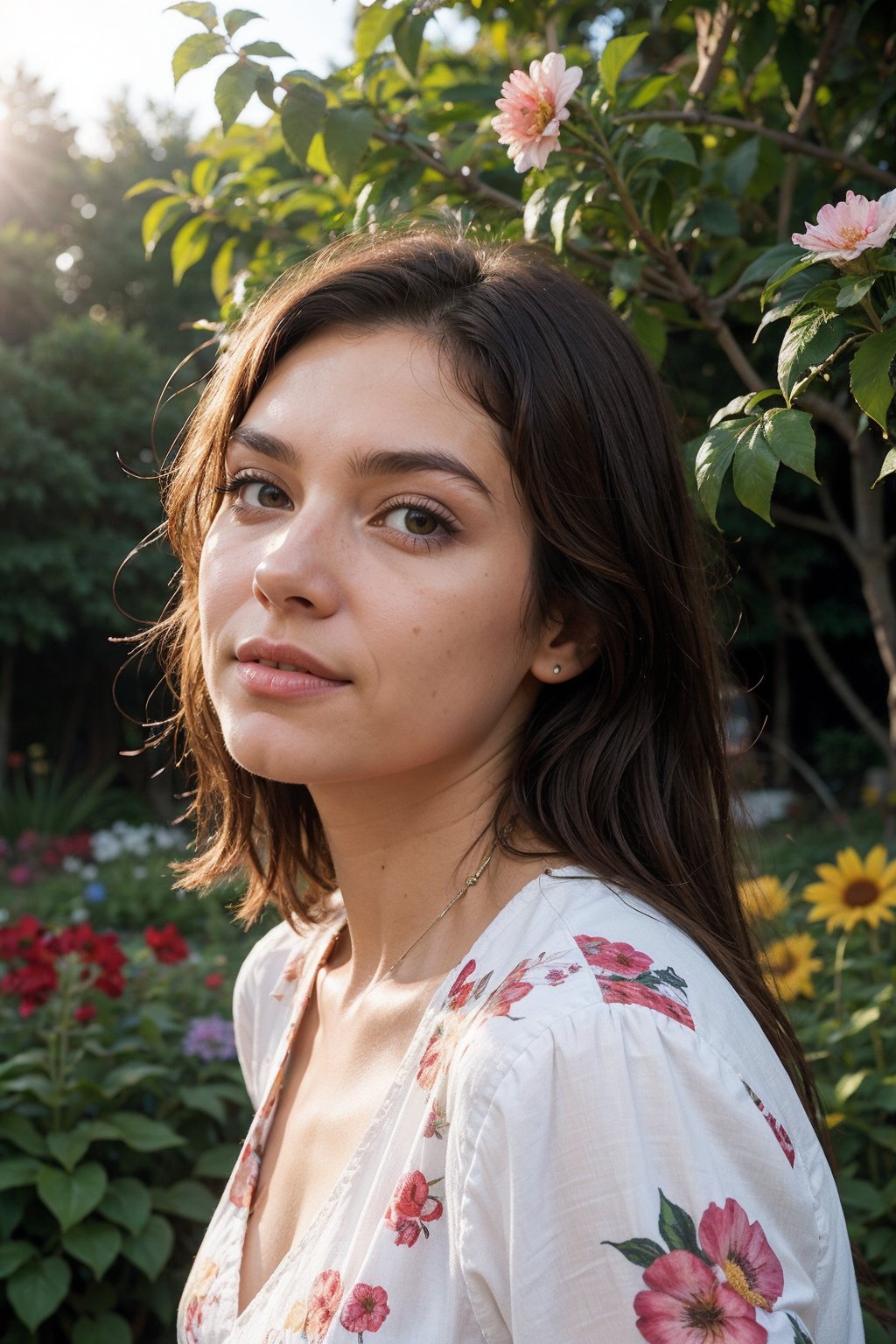 Woman and flower garden and afternoon sun and eye-level angle