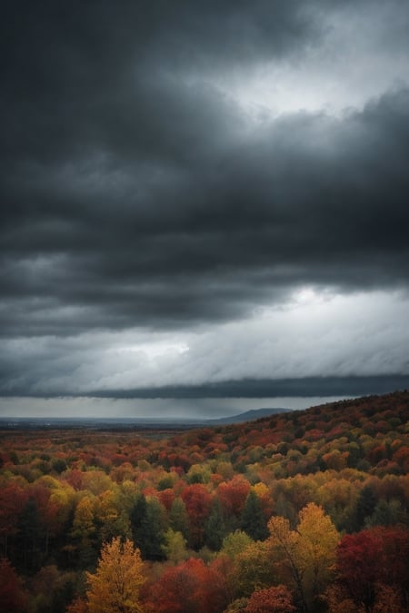 professional photo, photo of autumn landscape, dramatic lighting, gloomy, cloudy weather