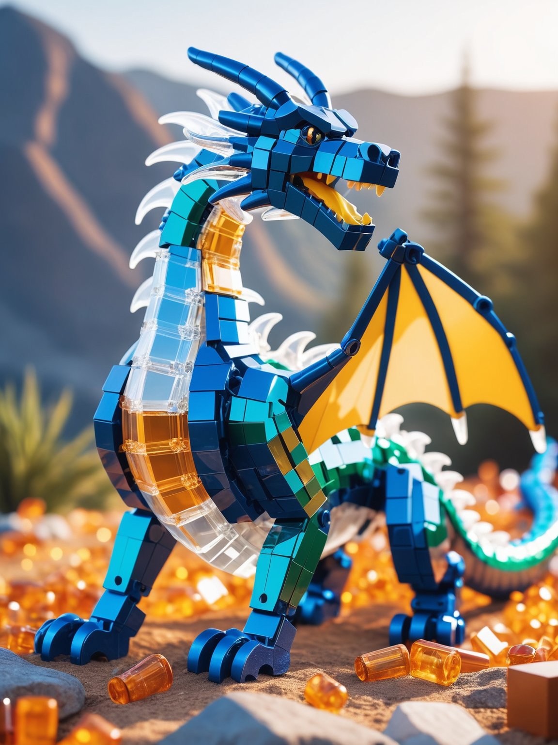 a dragon made of shiny and transparent legos, commercial shot quality, fantasy landscape, 