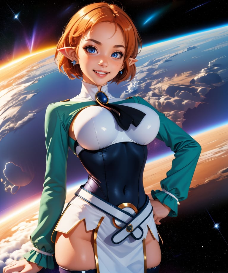 MagicKnight,blue eyes,large breasts,short orange hair,pointy ears,solo,standing,hands on hips,smiling  upper body,thighhighs,white footwear,pelvic curtain,belt,ascot,brooch,green and whit shirt,long sleeves,leotard,platform,space,stars,milkyways,(insanely detailed, beautiful detailed face, masterpiece, best quality),<lora:MagicKnight-10Dv8:0.8>,