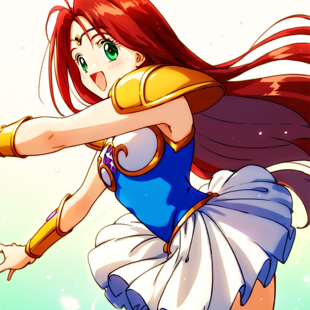 score_9, score_8_up, score_7_up, score_6_up, score_5_up, score_4_up, source_anime, , Engel_Lily, long hair, green eyes, red hair, armor, white skirt, , dynamic pose, happy