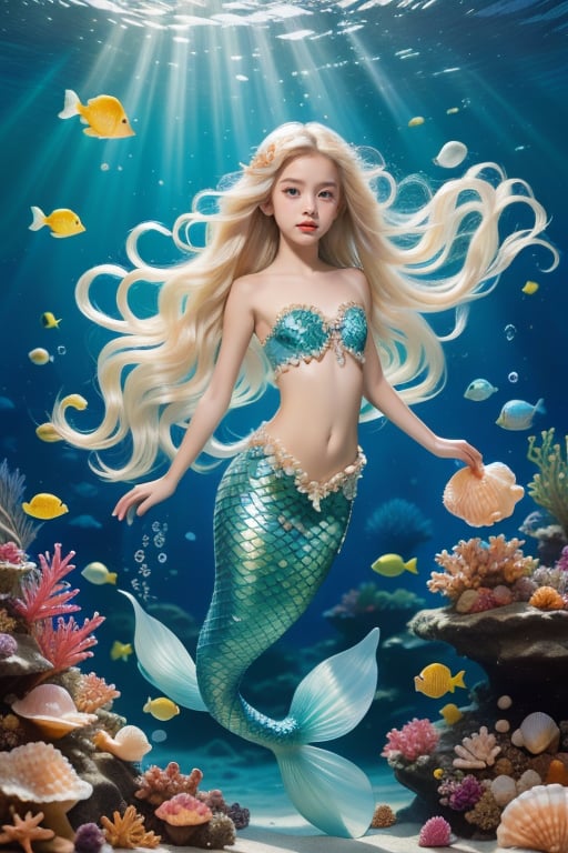 5 year old girl,mermaid,long hair,monster girl,shell,underwater,navel,solo,sunlight,light rays,coral,starfish,blonde hair,bare shoulders,red lips,looking at viewer,floating hair,seashell,sunbeam,air bubble,full body,bubble,flower,shell bikini,collarbone,parted lips,watermark,blue eyes,lips,pearl (gemstone),scales,very long hair,water,rock,stomach,gem,makeup,fish,small breasts,strapless,<lora:MEIRENYU_20240421220339:0.8>,