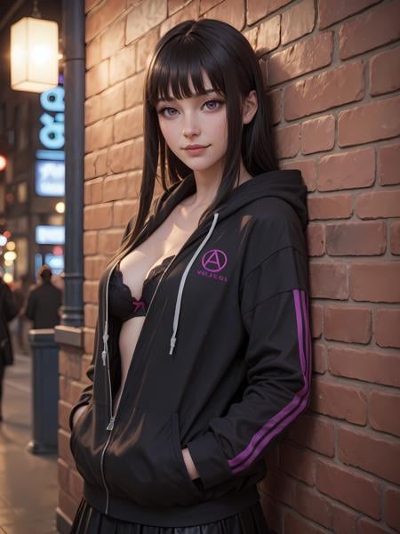 zPDXLrl, score_9, score_8_up, score_7_up, rating explicit, (realistic:1.3), masterpiece, best quality, ultra HD quality details, cinematic film still,1girl, 20 year old, long black hair, hime cut, perky breasts, cleavage, pretty face, looking at viewer, purple eyes, very long eyelashes, light freckles, oversized black hoodie, hand in pocket, black skirt, striped thigh-high socks, gothic boots, leaning on wall, detailed background, inside, bar, hidden area, volumetric lighting, vivid colours, glowing, neon, portrait shot, face focus, upper body, black bra, 