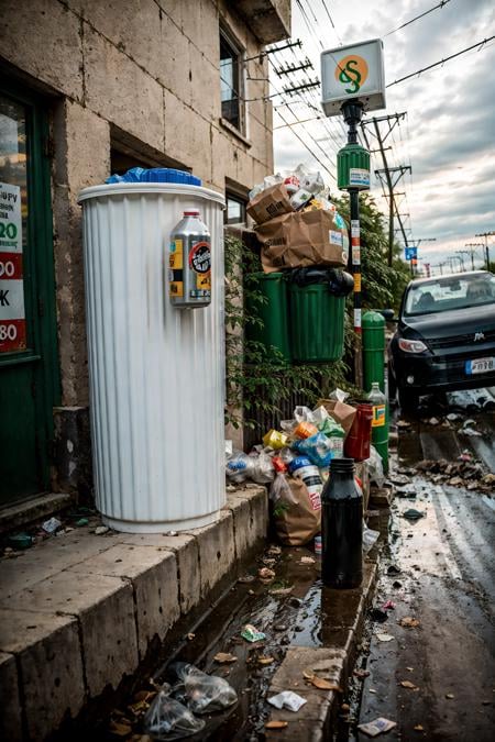 RAW photo,subject,8k uhd,dslr,soft lighting,high quality,film grain,Fujifilm XT3,,ruanyi0042,no humans,bottle,box,bucket,building,cardboard box,cup,fence,food,lamppost,paper bag,plant,plastic bag,power lines,road,rubble,ruins,soda can,street,traffic light,trash bag,tree,window,<lora:0042 garbage city_v2:1>