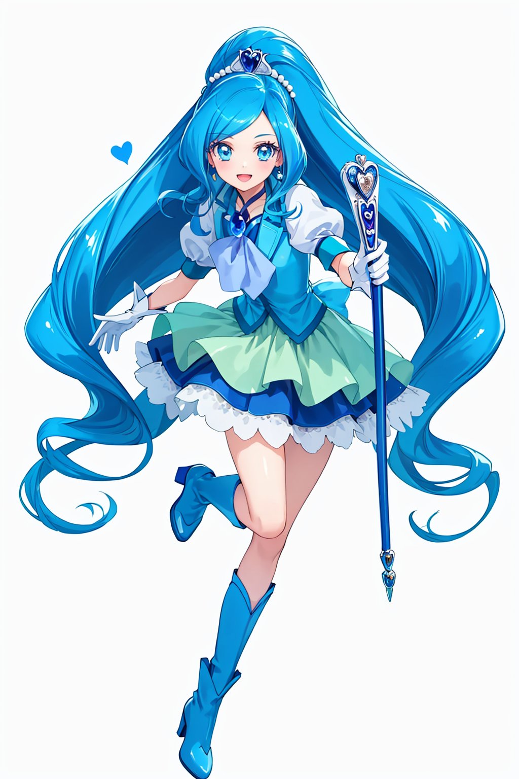 masterpiece,best quality, highly detailed, cure fontaine,1girl, split ponytail, solo, white background, blue footwear, magical girl, white gloves, simple background, looking at viewer, blue skirt, blue vest, full body, heart hair ornament, open mouth, holding wand, puffy sleeves, knee boots, :d, high heels, short sleeves,<lora:cure_fontaine:1>