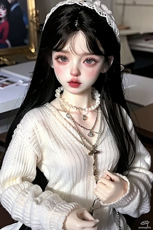 1girl, solo, long hair, looking at viewer, black hair, long sleeves, jewelry, upper body, parted lips, artist name, signature, necklace, lips, makeup, puffy long sleeves, realistic, red lips, EpicDoll, doll<lora:EpicDoll:0.8>