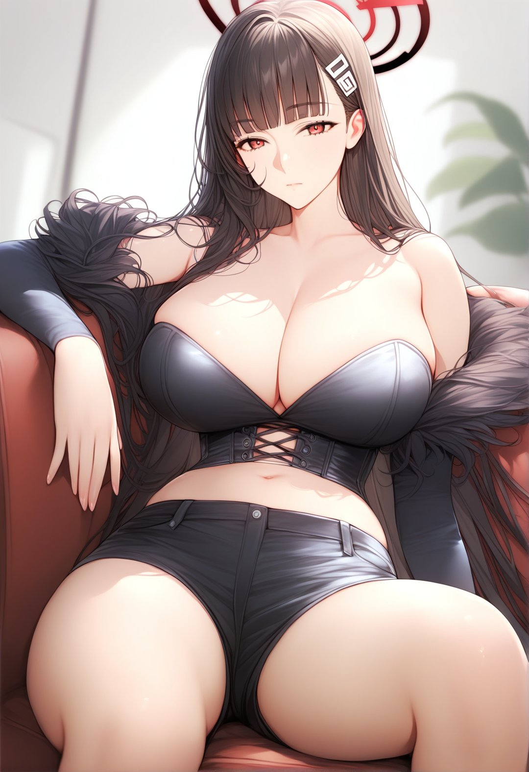 score_9, score_8_up, score_7_up, score_6_up, source_anime,<lora:DJC 0.1v:1>, DJC,1girl, breasts, solo, red eyes, long hair, looking at viewer, navel, cleavage, bare shoulders, bangs, hair ornament, sitting, detached sleeves, thighs, shorts, large breasts, expressionless, hairclip, blurry, black shorts, collarbone, black hair, closed mouth, blunt bangs, long sleeves, corset, blurry background, short shorts, midriff, stomach, huge breasts, cross-laced clothes, brown hair, crop top, rio \(blue archive\), black outfit, black theme, sofa,  indoors,