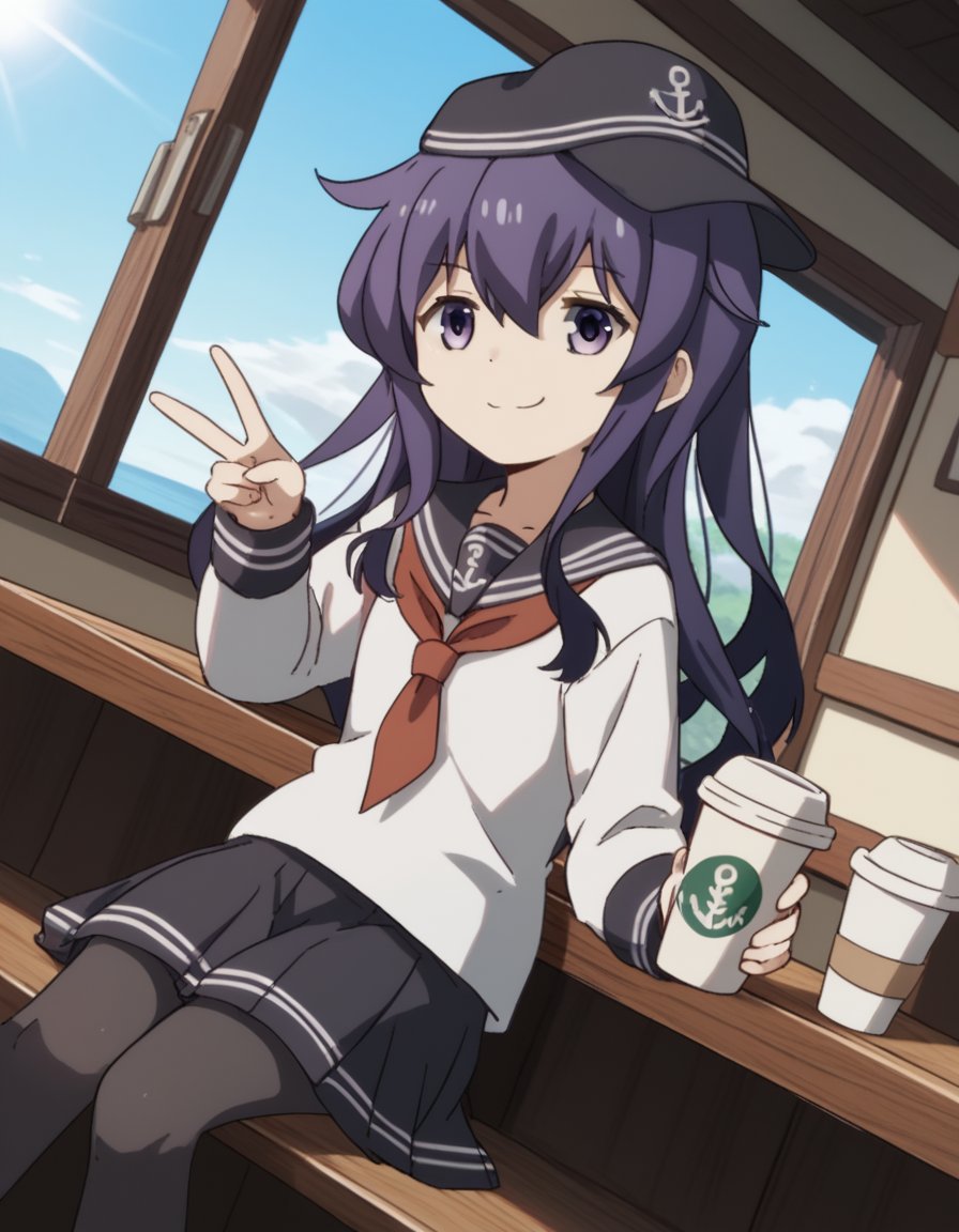 score_9, score_8_up, score_7_up, source_anime, <lora:kancolle-akatsuki-s1-ponyxl-lora-nochekaiser:1>, akatsuki, long hair, hair between eyes, purple eyes, purple hair, akatsuki (kancolle), skirt, shirt, long sleeves, hat, school uniform, pantyhose, pleated skirt, serafuku, black skirt, sailor collar, neckerchief, black pantyhose, red neckerchief, anchor symbol, flat cap,, cafe, coffee cup, barista, sitting down, talking, relaxing, sunlight through window, smile, , v, v over mouth, smug,, solo,, cowboy shot, dutch angle