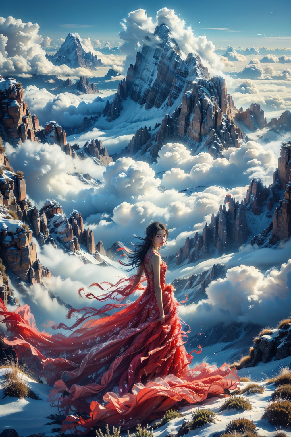 sdzs01,1girl,long hair,mountain,solo,cloud,red dress,black hair,looking at viewer,outdoors,blue sky,bare shoulders,cloudy sky,scenery,<lora:sdzs1.5:0.8>,, best quality, ultra-detailed, masterpiece, finely detail, highres, 8k wallpaper