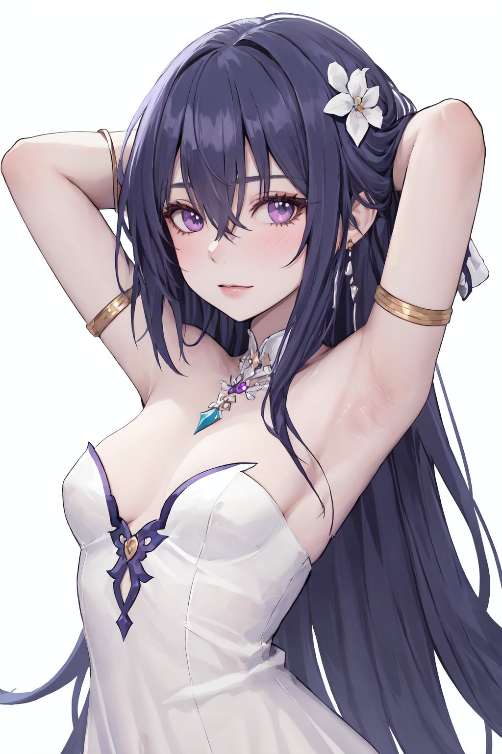 1girl, solo, long hair, armpits, breasts, looking at viewer, heart, arms up, arms behind head, blush, upper body, white background, simple background, purple eyes, bangs, strapless, bare shoulders, dress, hair between eyes, armlet, very long hair, hair ornament, small breasts