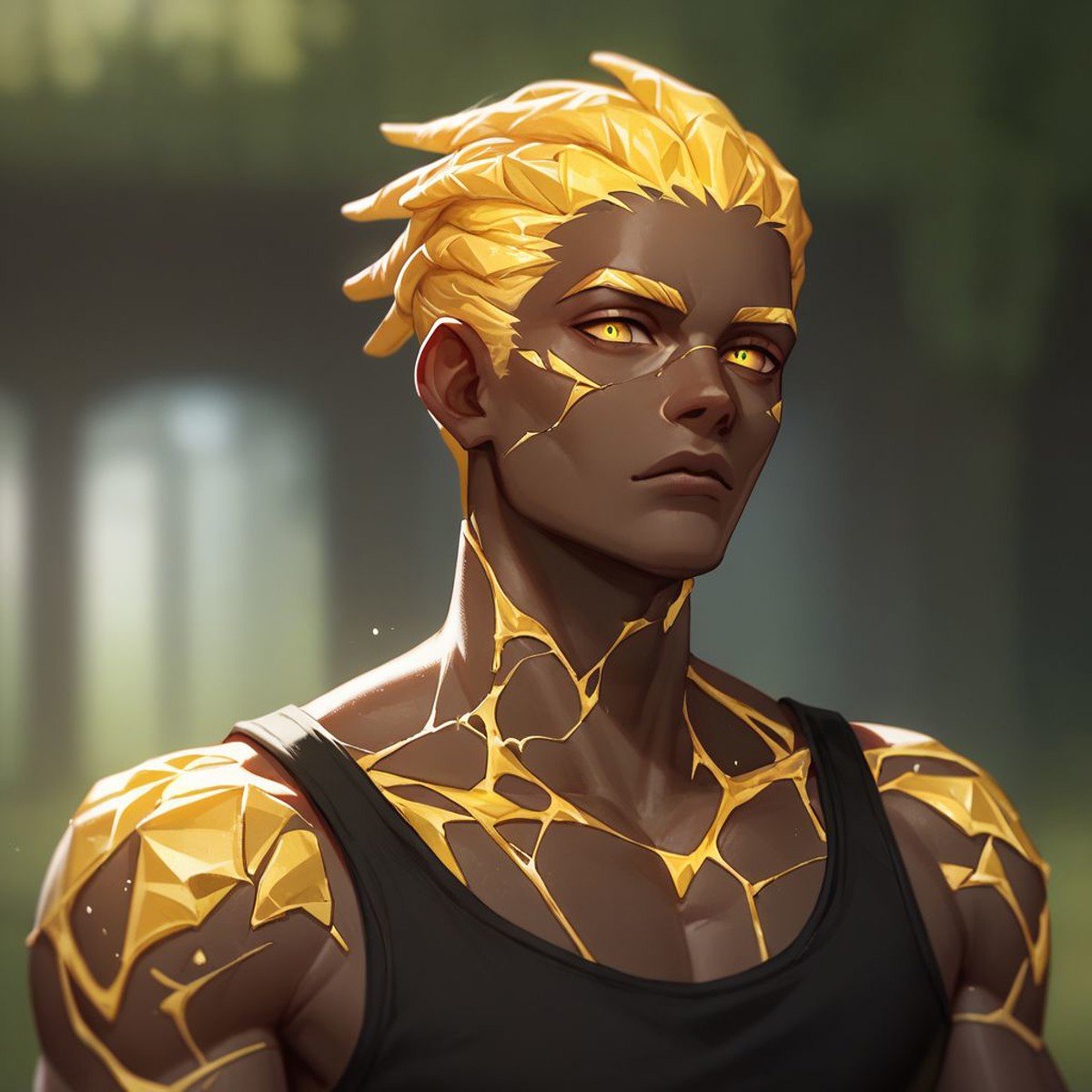 (((beautiful, high quality))), upper Body, score_9, score_8_up, score_7_up, easynegative, GenasiEarth,1boy, male focus, metal skin, stone inclusions, glowing gold cracks, dark skin, yellow eyes, dreadlocks, muscles, black top, looking at the viewer, posing, blurred background,