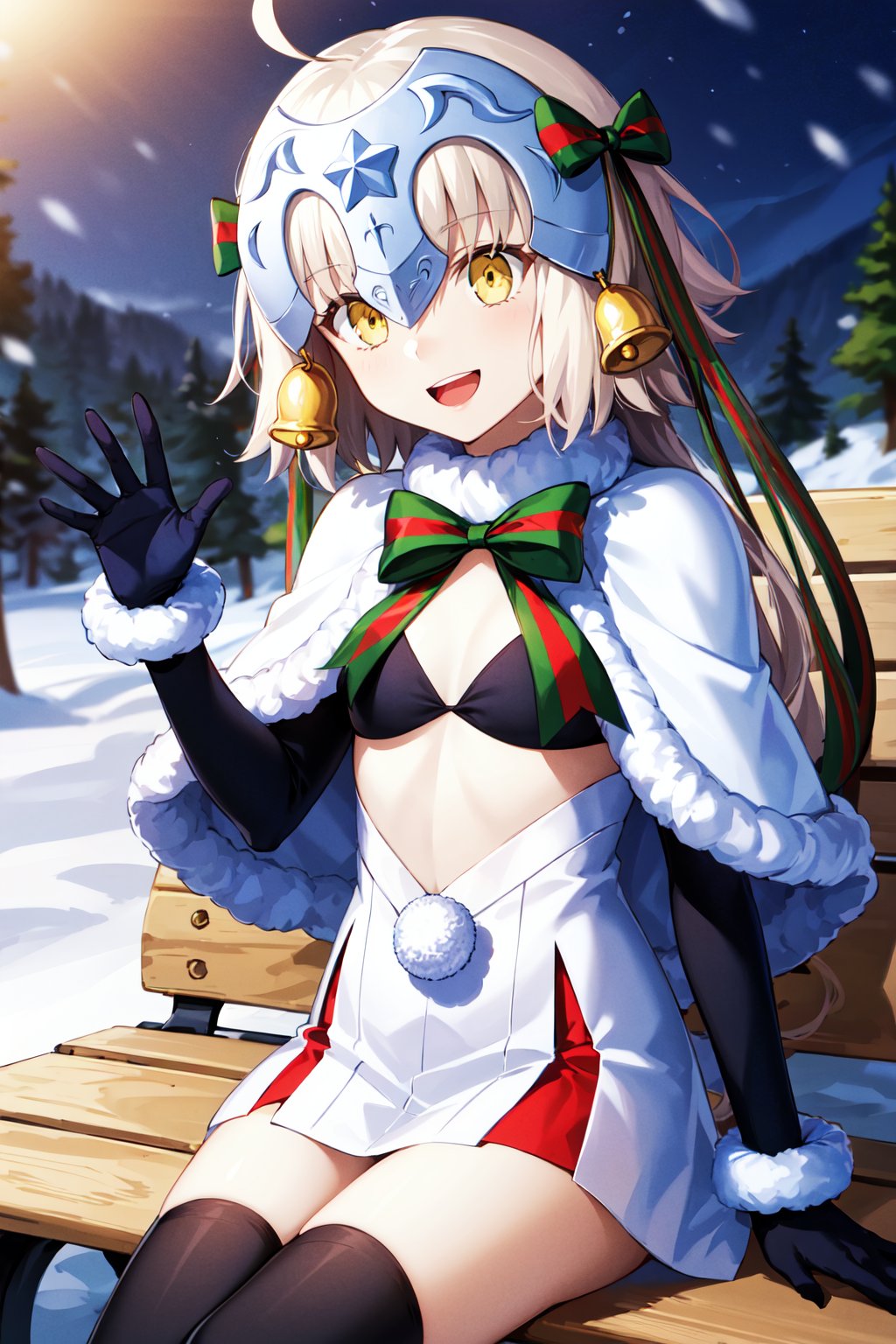 masterpiece, best quality, highres, aasl, long hair, ahoge, headpiece, bell, hair ribbon, small breasts, white capelet, striped bow, fur trim, bikini top only, black bikini, elbow gloves, black gloves, white skirt, pom pom (clothes), black thighhighs, <lora:jeanne_d'arc_alter_santa_lily_(fate)_v1:0.7>, waving, snow, outdoors, sitting, night, bench, smile, open mouth,