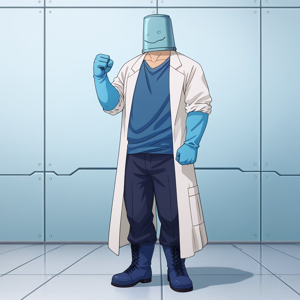 zPDXL2,rating_safe,<lora:Nanao_V2:1>,nanao,solo,male focus,1boy,gloves,pants,lab coat,bucket on head,covered face,latex gloves,boots,blue gloves,clenched hands,full body,blue shirt,shirt,black pants,clenched hand,hands_on_ground,