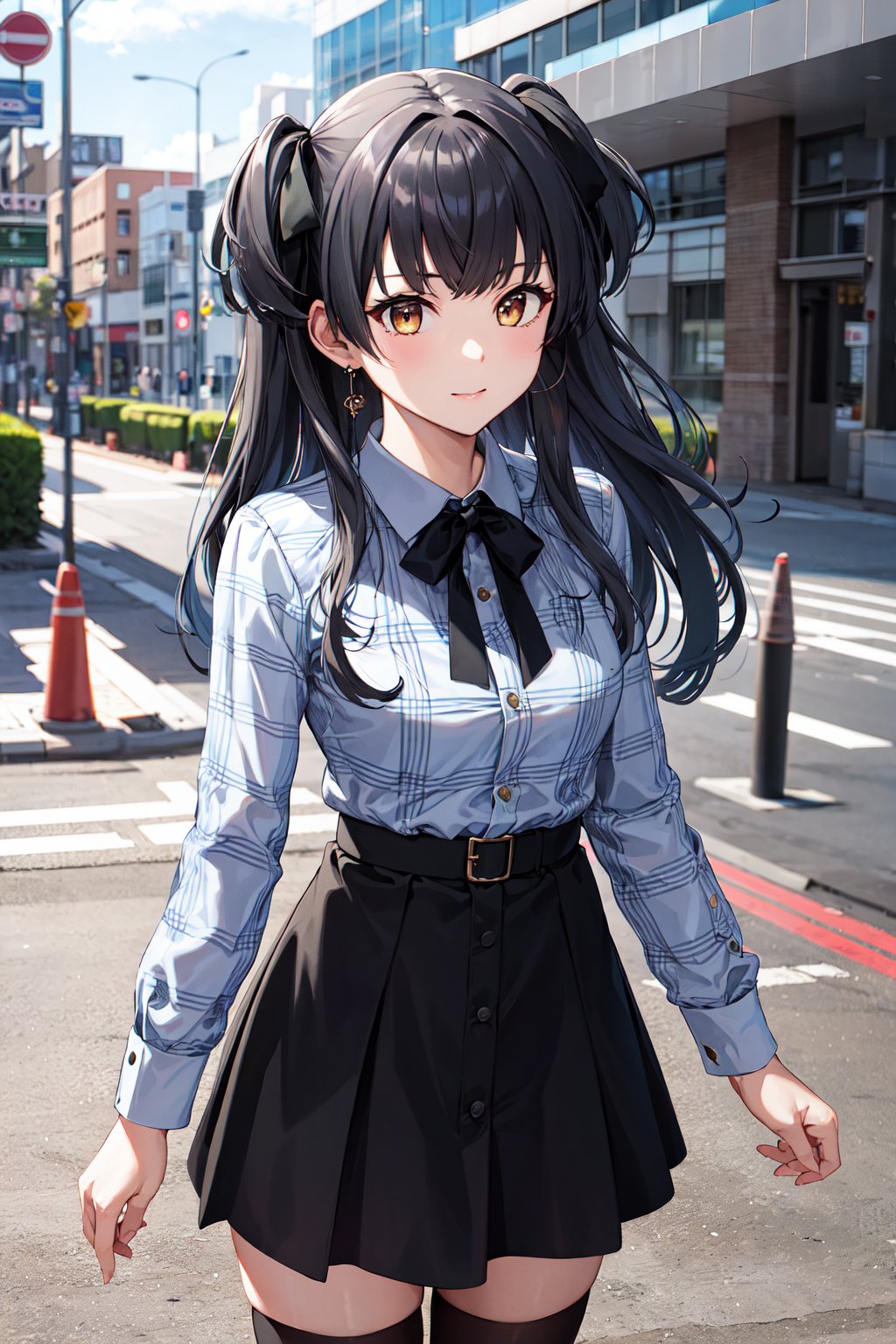 masterpiece, best quality, highres, bbfuyuko, long hair, two side up, hair ribbon, earrings, neck ribbon, collared shirt, plaid shirt, grey shirt, long sleeves, (black skirt:1.3), thighhighs, <lora:mayuzumi_fuyuko_v1:0.7>, standing, cowboy shot, street