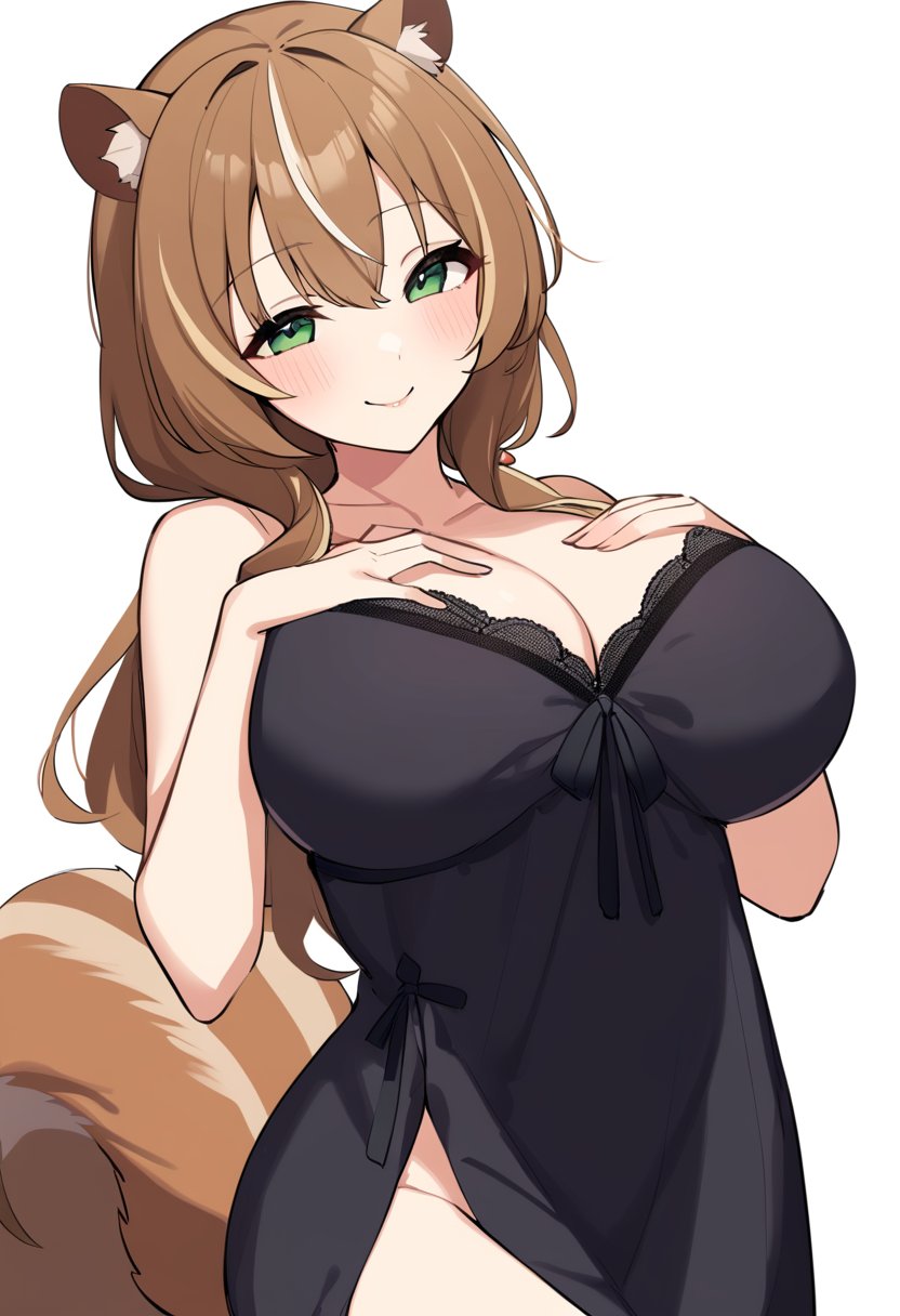 1girl, ayunda risu, mature female, long hair, wavy hair, brown hair, green eyes, large breasts, black nightgown, seductive smile, squirrel ears, squirrel tail, hand on own chest, white background, simple background, sketch, masterpiece, best quality, very aesthetic, absurdres,