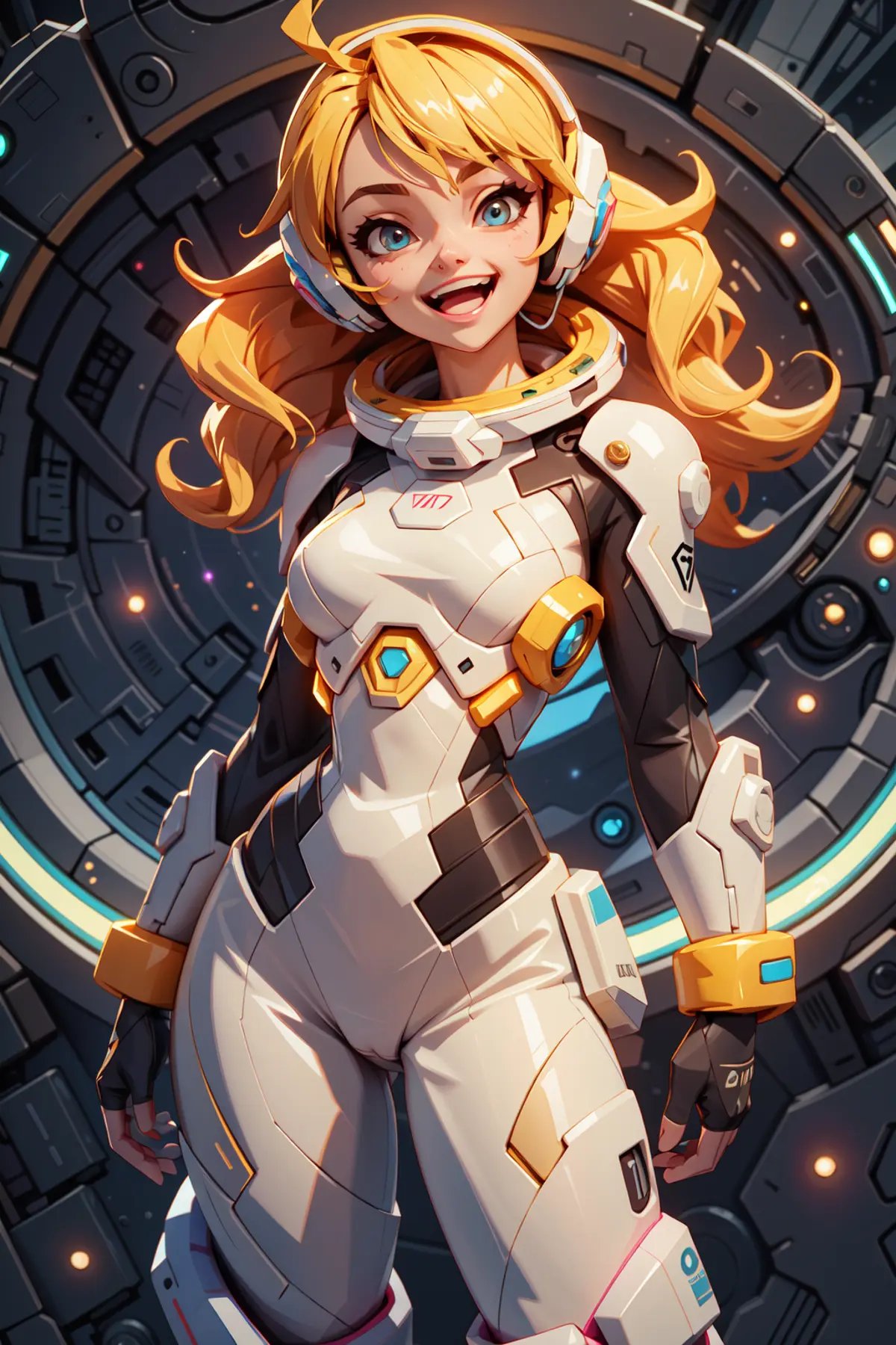 ((best quality, masterpiece)), ((style-swirlmagic):0.3), ((black leather futuristic spacesuit)),red neon lit, (smiling), headphones, open mouth, 1girl, blonde hair, wavy hair, (cameltoe), a white parts of mechanical female, looking at viewer, soft colors, black background, ,