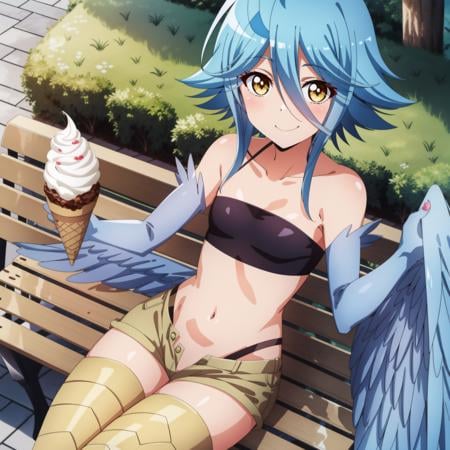 <lora:2020sAnimeMagazineIllustrationStyle_v10:0.3> <lora:Papi:1>1girl, solo, harpy,winged arms, blue wings,blue hair, feathered wings, monster girl, yellow eyes, small breasts,outdoors,  smile,hair between eyes, outdoors, looking at viewer,ahoge,bandeau, shorts, navel,bare shoulders, dutch angle, bench, (ice cream:1.0), sitting, on bench, short hair,holding ice cream, 