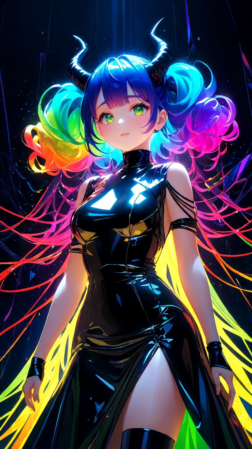 frilly hairstyle, latex dress, torso, body, 8k, ultra-detailed, highres, rainbow skin, shattered glass effect, (best quality, masterpiece:1.2), (deformad neon light:1.3), soft particles of fractal fire, volumetric lighting, (masterpiece, best quality), 1girl, intricate details, 8k, artstation, wallpaper, official art, splash art, sharp focus, dark atmosphere, black coat, black dress, cartoon for adults, white sleeves, sleeves past finger, sleeves past wrists, horns, (cottagetore), (geometric:1.2), futurism, impressionist, detailed, majestic, breathtaking, (suggestive:1.3), (depressing:1.3), (cute:1.2), enticing, (irresistible:1.3), disturbing, fascinating, (magnetic:1.2), (green), latex clothing, suggestive position, latex costume, Depth of field, vivid color, rainbow bloody veins growing and intertwining out of the darkness, (nailed wire), oozing thick blue blood, sharp neon, veins growing and pumping blood, vascular networks growing, under water