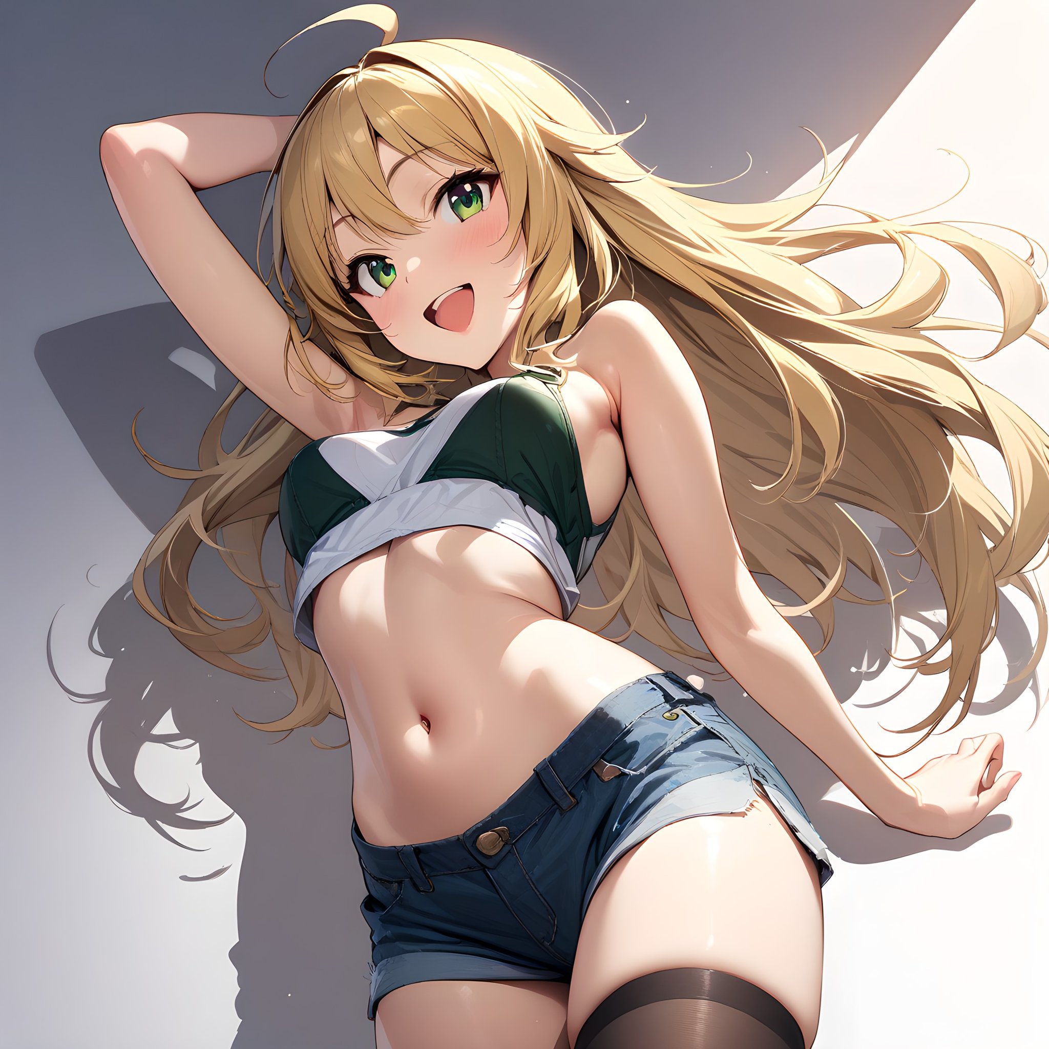 (masterpiece),(best quality),(ultra-detailed),(best illustration),(best shadow),(absurdres),(detailed background),(very aesthetic), hoshii_miki, 1girl, solo, long hair, blonde hair, shorts, green eyes, navel, open mouth, ahoge, white background, midriff, thighhighs, arm up, simple background, armpits, cowboy shot, smile<lora:Hoshii_Miki:1>