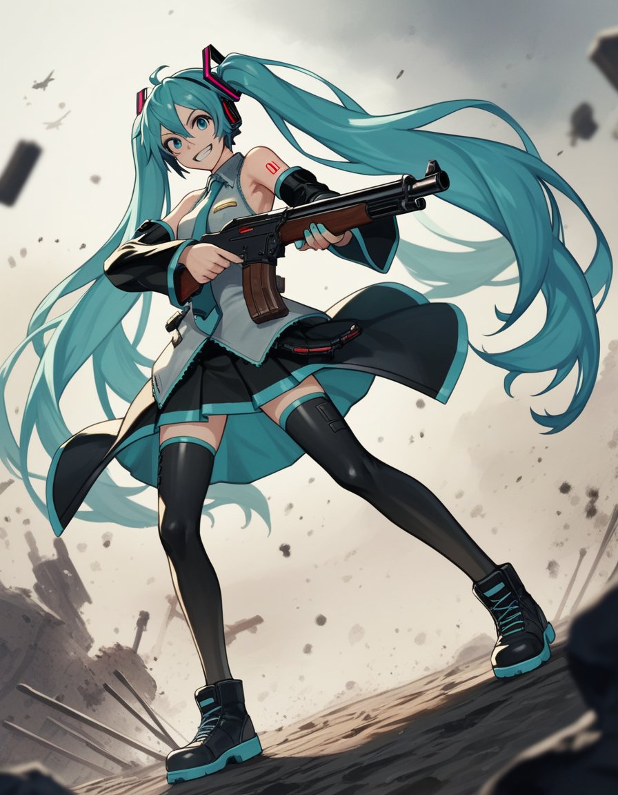 score_9, score_8, score_7, source_anime,rating_safe,1girl, solo, hatsune miku, shotgun, grin,battlefield, chaotic, war zone