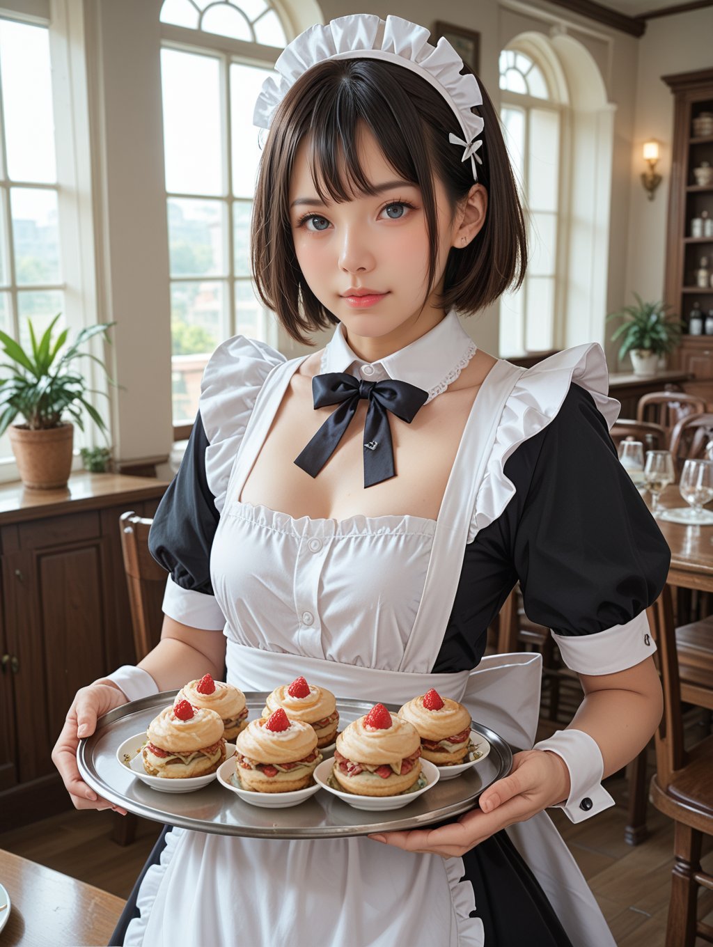 score_9, score_8_up, score_7_up,1girl, maid, holding tray, cute face