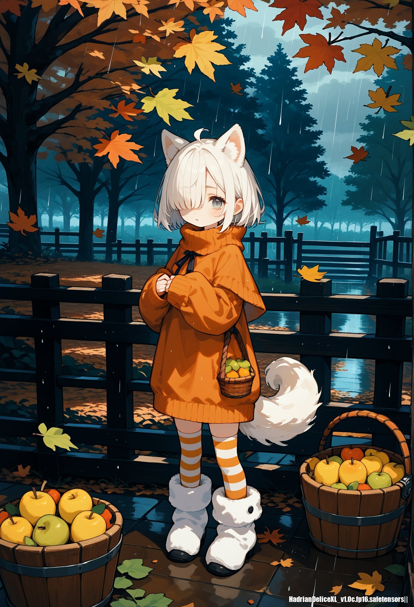 score_10,score_9_up,score_8_up,score_7_up, hadrian,very strong contrast, dramatic Lighting,very high detailed,very gorgeous and complicated background, 1girl,standing,full body,autumn,autumn festival,autumn theme,autumn leaves,rain,fruit,apple,pear,basket,fur capelet,white fur boots,hands on chest,striped legwear,(oversized sweater),wooden bucket,wooden table,railing,fur hood up,short hair,flat bangs,long bangs,hair over one eye,(sleeves past wrists),anal_tail,