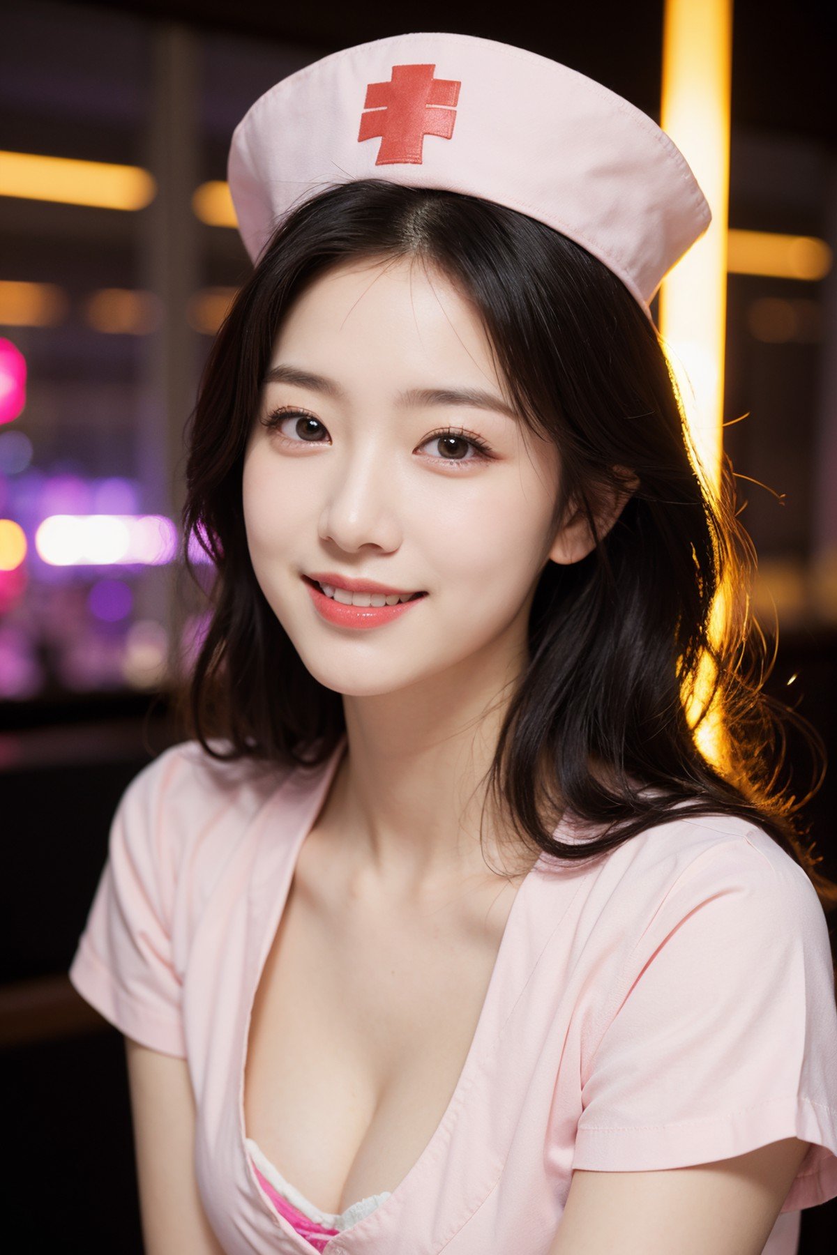 (masterpiece:1.2),1girl,pale_skin,realistic skin,chinese, depth of field, pink nurse uniform,nurse cap, medium breast,cleavage, hair strand,black hair, smile, nightclub,