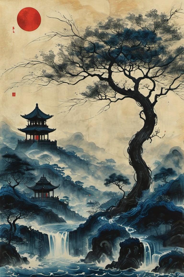 Stranger tales, chinese ink painting, abstract, gongbi, surrealism, no humans, dark background, dark theme, tree, east asian architecture, wave<lora:EMS-307144-EMS:0.800000>