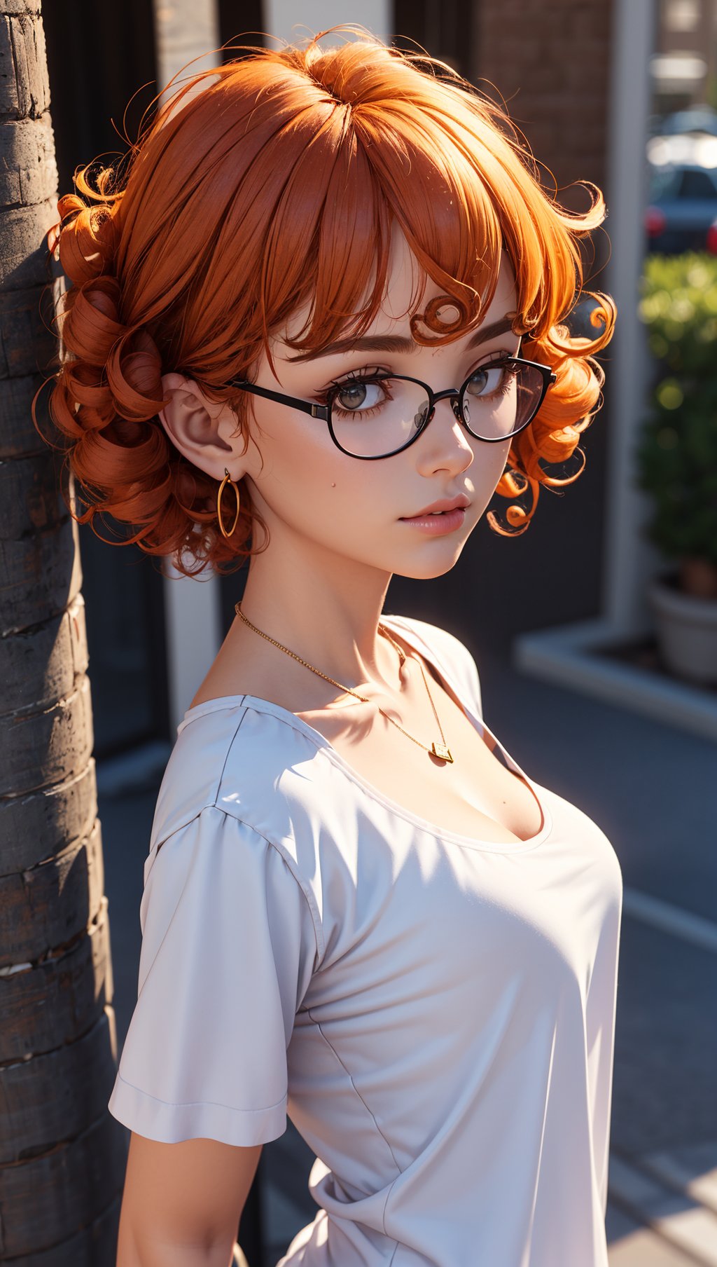 masterpiece,best quality,(3d:1.3),godrays,sunlight,1girl,bangs,black-framed eyewear,breasts,orange hair,(((curly hair))),closed mouth,collarbone,glasses,lips,looking at viewer,nose,round eyewear,shirt,short hair,solo,upper body,spade earrings,spade necklace,