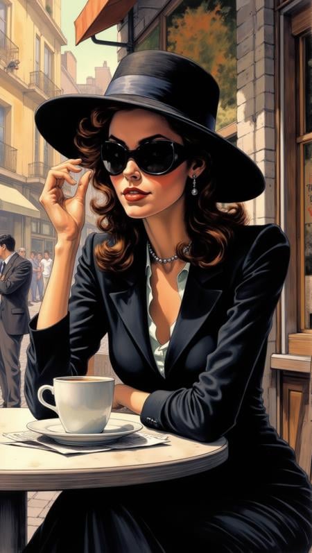 A mysterious woman in a wide-brimmed hat and dark sunglasses sits at an outdoor café, sipping coffee. She’s reading a newspaper, but her eyes occasionally flicker to the street, as if expecting someone. Her posture is elegant, but her presence is enigmatic<lora:Adventure_Comic_Book:0.8>