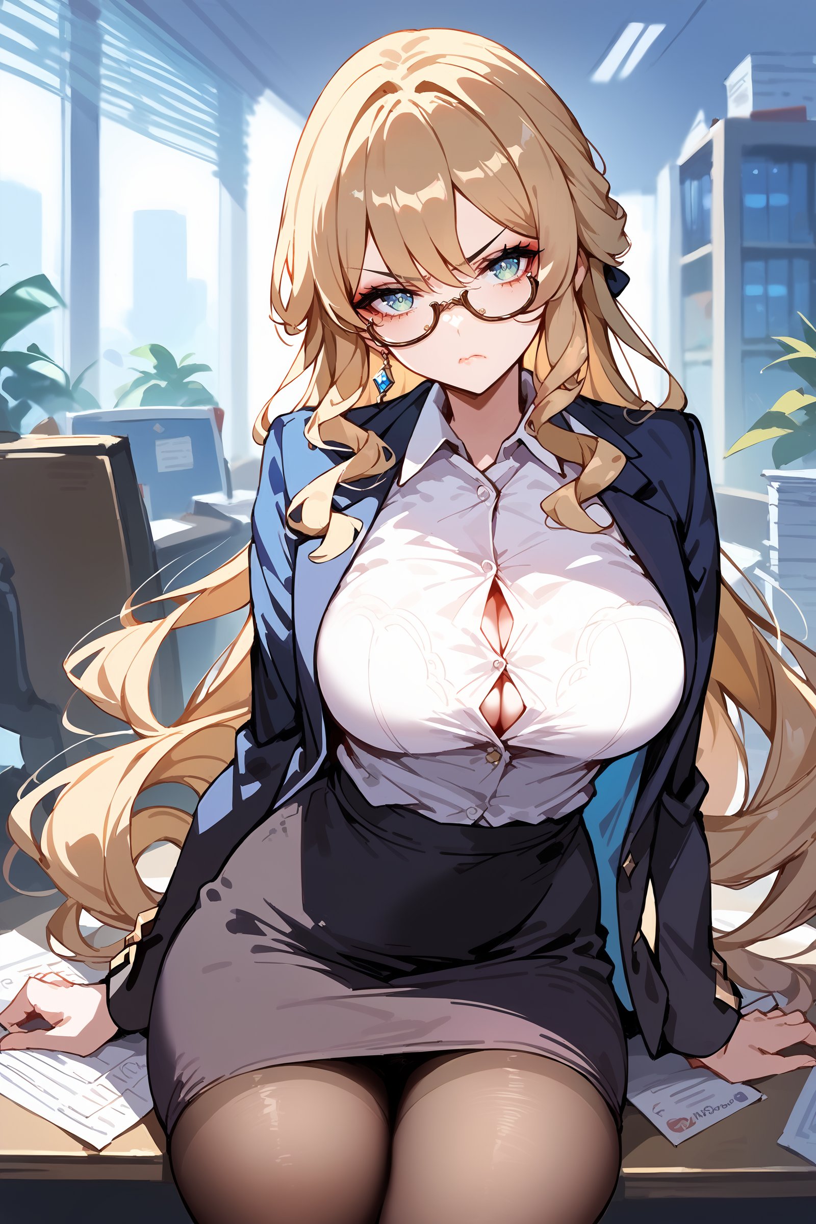 score_9, score_8_up, score_7_up, 1girl, navia \(genshin impact\), solo, office lady, white collared shirt, pencil skirt, pantyhose, glasses, glaring, looking at viewer, hand on eyewear, office, indoors, depth of field <lora:Char-Genshin-Navia-Pony-V1:0.9>