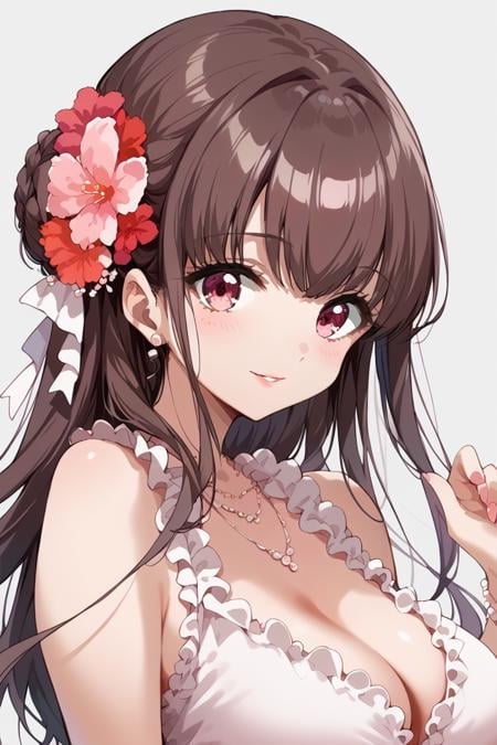 score_9, score_8_up, score_7_up, score_6_up, 1girl, <lora:Amano_Airi:0.9> amano, breasts, solo, hair flower, hair ornament, flower, long hair, brown hair, cleavage, looking at viewer, jewelry, necklace, upper body, braid, stadef