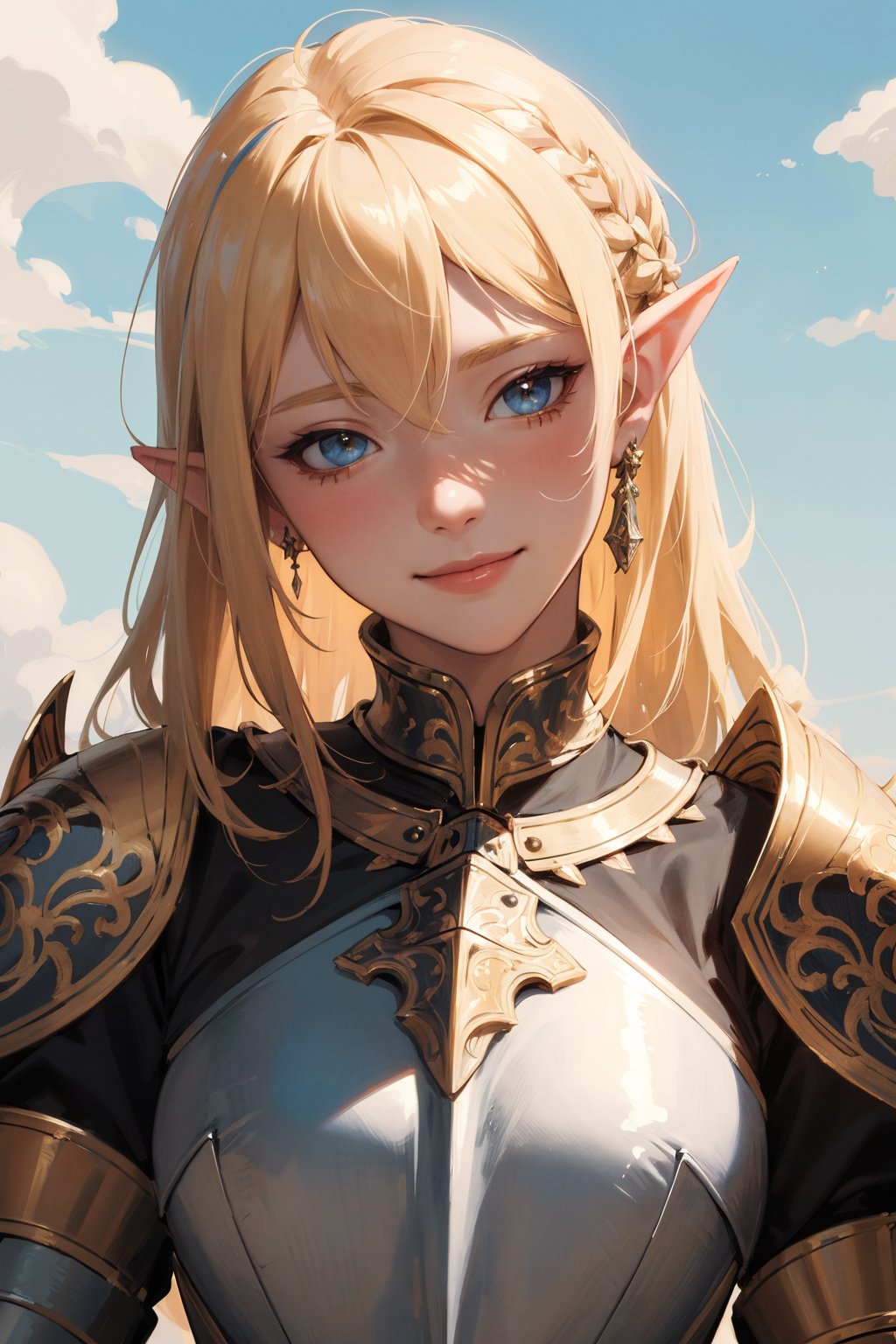 ((masterpiece)), ((best quality)), absurdres, 8k uhd, beautiful colors,portrait of a beautiful female knight with pointy ears and blond hair in ornate and highly detailed knight armor with a gentle smile and loving and tender expression looking at viewer sky background