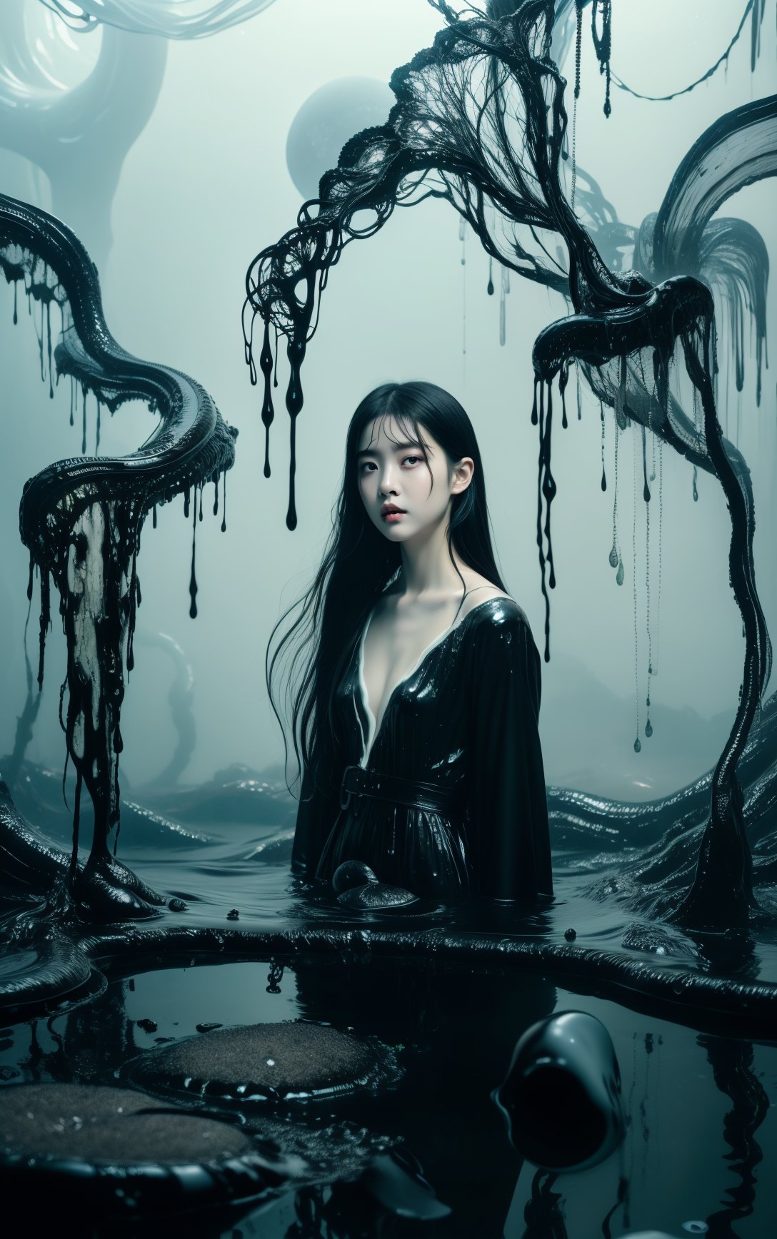 masterpiece,the black water,(black water ring:1.4),(a girl surrounded by black water:1.2),wallpaper,long floating white hair,(highly detailed),wall:(1girl),(solo),pale skin,[black eyes|red eyes],(hollow eyes),bangs,expressionless,(black goo:1.4),(white dress:1.2),(white skirt),white,intricated filigree,(stained clothes:1.2):0.25,(black goo:1.4),(black dripping),(black splashing:0.85),(tentacles:0.65),shiny,[:face focus, upper body, (cowboy shot), lateral view, dutch angle, dynamic:0.25],[white background|black goo],volumetric lighting,(high contrast:0.85),(limited palette:0.65),,