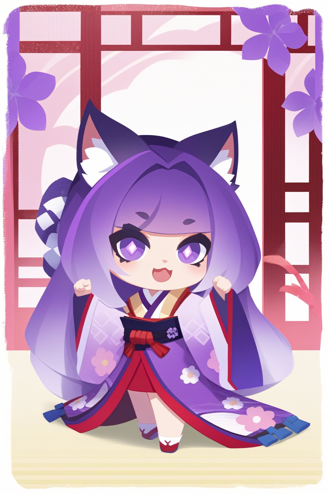 border, chibi, solo, 1girl, :d, looking at viewer, paw pose, long hair, gradient hair, purple hair, cat ears, diamond-shaped pupils, japanese clothes, kimono, floral print, east asian architecture <lora:style_onmyoji_xl-000009:1>