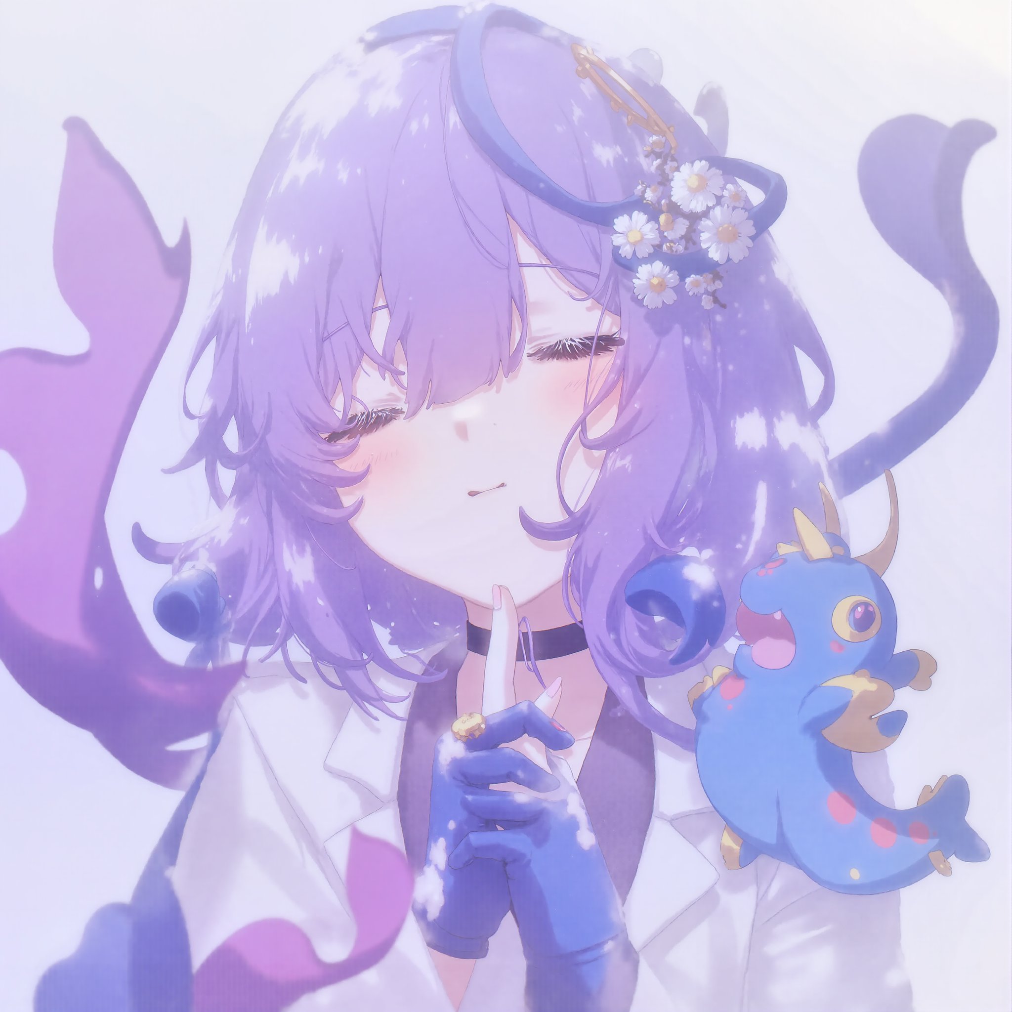 1girl,    medium hair, closed mouth, gloves, blue gloves, pokemon \(creature\), coat, fingerless gloves, closed eyes, eyelashes, white coat, hair ornament, white flower, hair flower, choker, purple hair, yellow pupils, flower, black choker, hands up, masterpiece, newest, absurdres, safe <lora:Yajiang-000109:1>