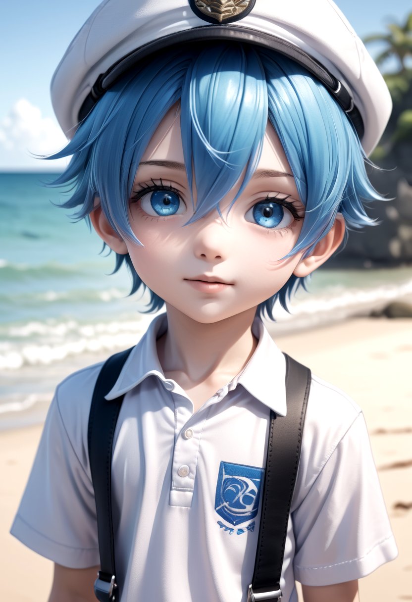 1boy, aoi, blue hair, hat, masterpiece, ultra detail, beach, blue eyes, cute shirt(masterpiece:1.2), best quality, high resolution, unity 8k wallpaper, (illustration:0.8), (beautiful detailed eyes:1.6), extremely detailed face, perfect lighting, extremely detailed CG, (perfect anatomy),