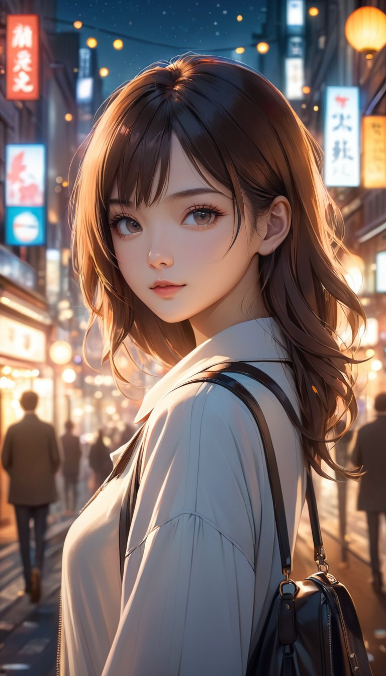 illustration,masterpiece,best quality,city,1girl,looking at viewer,bokeh,